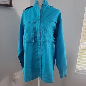Jerri Sherman turquoise 100% Ramie Linen  long sleeves blouse size 8